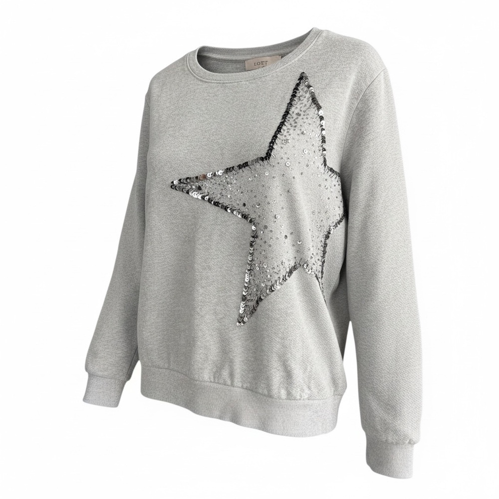 LOFT Gray Sequin Star Sweatshirt | Embellished Pullover | Size L